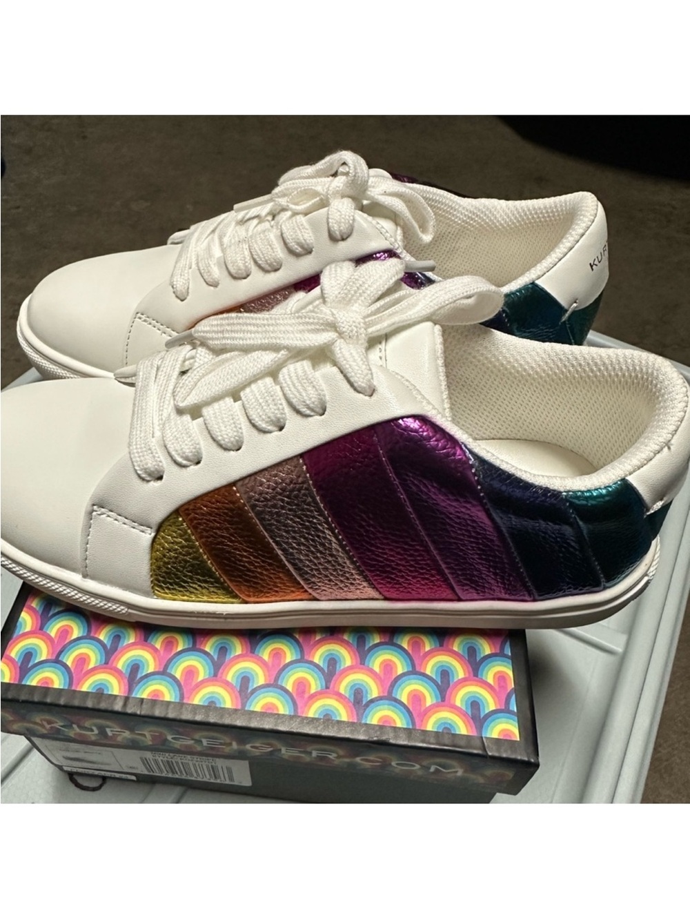 Kurt Geiger White Sneakers with Rainbow Metallic Stripe Panels